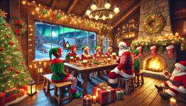 DALL·E 2024-12-22 15.02.36 - A photorealistic Christmas beer party at Santa Clauss home at the North Pole. The scene shows Santa Claus and his elves enjoying a festive celebratio.webp